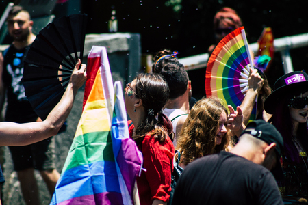 Tel Aviv Israel June 14, 2019 View of unknown Israeli people participating to the gay pride parade in the streets of Tel Aviv in the afternoonのeditorial素材