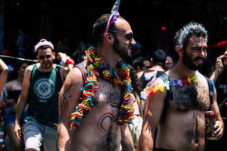 Tel Aviv Israel June 14, 2019 View of unknown Israeli people participating to the gay pride parade in the streets of Tel Aviv in the afternoonのeditorial素材