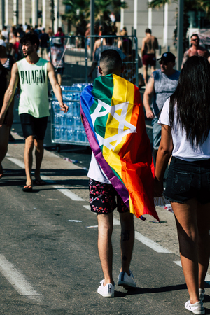 Tel Aviv Israel June 14, 2019 View of unknown Israeli people participating to the gay pride parade in the streets of Tel Aviv in the afternoonのeditorial素材