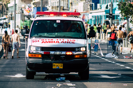 Tel Aviv Israel June 15, 2019 View of a Israeli ambulance rolling in the streets of Tel Aviv in the afternoonのeditorial素材