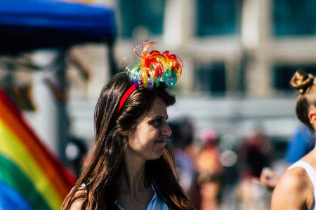 Tel Aviv Israel June 14, 2019 View of unknown Israeli people participating to the gay pride parade in the streets of Tel Aviv in the afternoonのeditorial素材