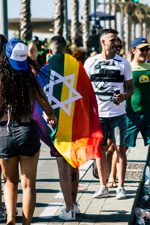 Tel Aviv Israel June 14, 2019 View of unknown Israeli people participating to the gay pride parade in the streets of Tel Aviv in the afternoonのeditorial素材