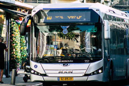 Tel Aviv Israel June 15, 2019 View of traditional city bus rolling in the streets of Tel Aviv in the afternoonのeditorial素材