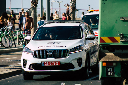 Tel Aviv Israel June 16, 2019 View of a Israeli police car rolling in the streets of Tel Aviv in the...