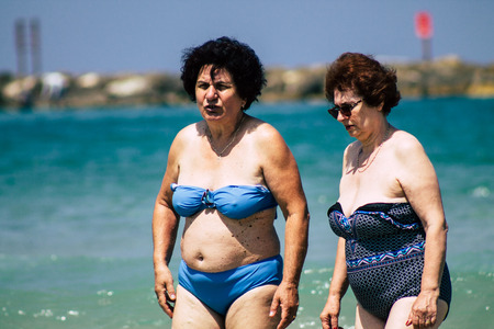 Tel Aviv Israel June 15, 2019 View of unknown Israeli people having fun on the beach of Tel Aviv in the afternoonのeditorial素材