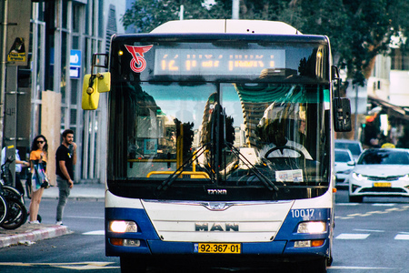 Tel Aviv Israel June 17, 2019 View of traditional city bus rolling in the streets of Tel Aviv in the afternoonのeditorial素材