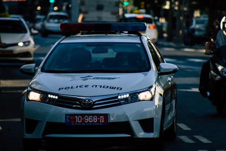 Tel Aviv Israel June 16, 2019 View of a Israeli police car rolling in the streets of Tel Aviv in the afternoonのeditorial素材