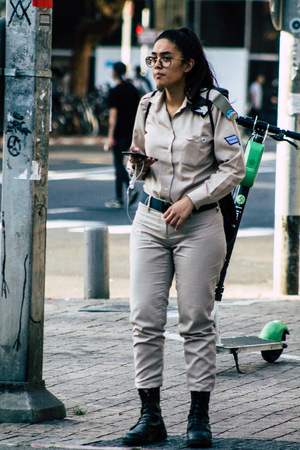 Tel Aviv Israel June 17, 2019 View of unknown Israeli soldier walking in the streets of Tel Aviv in the afternoonのeditorial素材