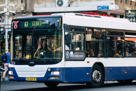 Tel Aviv Israel June 17, 2019 View of traditional city bus rolling in the streets of Tel Aviv in the afternoonのeditorial素材