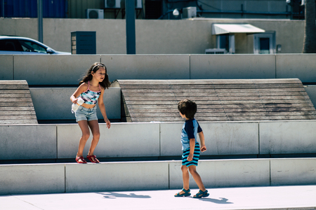 Tel Aviv Israel June 15, 2019 View of unknown Israeli children having fun on the beach of Tel Aviv in the afternoonのeditorial素材