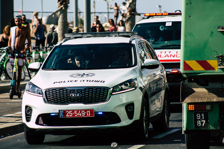 Tel Aviv Israel June 16, 2019 View of a Israeli police car rolling in the streets of Tel Aviv in the afternoonのeditorial素材