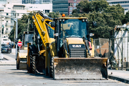 Tel Aviv Israel June 16, 2019 View of construction machinery parked in the streets of Tel Aviv in the afternoonのeditorial素材