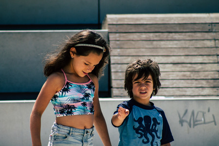 Tel Aviv Israel June 15, 2019 View of unknown Israeli children having fun on the beach of Tel Aviv in the afternoonのeditorial素材