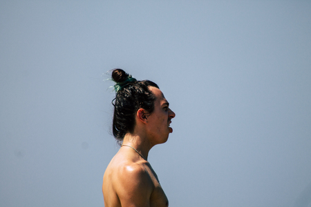Tel Aviv Israel June 15, 2019 View of unknown Israeli people having fun on the beach of Tel Aviv in the afternoonのeditorial素材