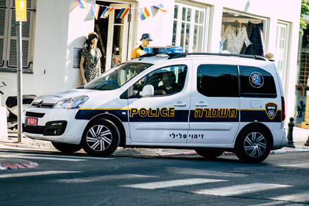 Tel Aviv Israel June 16, 2019 View of a Israeli police car rolling in the streets of Tel Aviv in the afternoonのeditorial素材