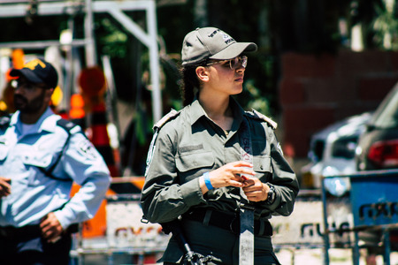 Tel Aviv Israel June 17, 2019 View of unknown Israeli soldier walking in the streets of Tel Aviv in the afternoonのeditorial素材