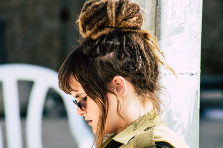 Jerusalem Israel June 19, 2019 View of young Israeli woman soldier having fun front the Western wall at the Old city of Jerusalem in the afternoonのeditorial素材