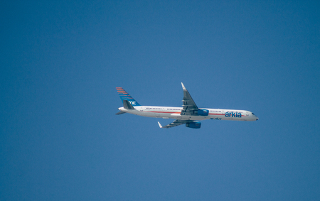 Tel Aviv Israel June 17, 2019 View of a plane landing at Ben Gurion international airport in the afternoonのeditorial素材