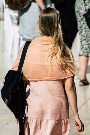 Jerusalem Israel June 19, 2019 View of unknown Israeli woman praying at the Western wall in the Old city of Jerusalem in the afternoonのeditorial素材