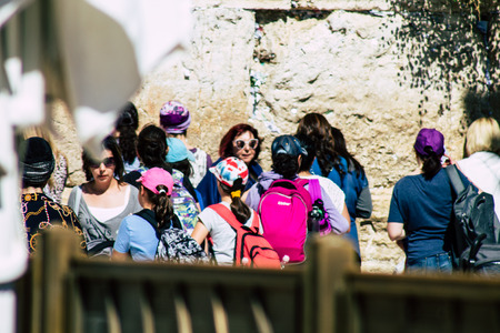 Jerusalem Israel June 19, 2019 View of unknown Israeli woman praying at the Western wall in the Old city of Jerusalem in the afternoonのeditorial素材