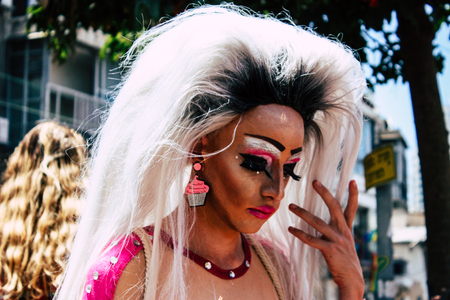 Tel Aviv Israel June 14, 2019 View of unknown Israeli people participating to the gay pride parade in the streets of Tel Aviv in the afternoonのeditorial素材