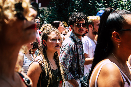 Tel Aviv Israel June 14, 2019 View of unknown Israeli people participating to the gay pride parade in the streets of Tel Aviv in the afternoonのeditorial素材