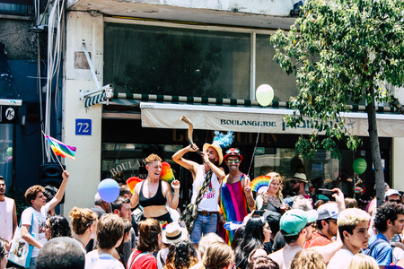 Tel Aviv Israel June 14, 2019 View of unknown Israeli people participating to the gay pride parade...