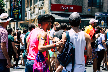 Tel Aviv Israel June 14, 2019 View of unknown Israeli people participating to the gay pride parade in the streets of Tel Aviv in the afternoonのeditorial素材