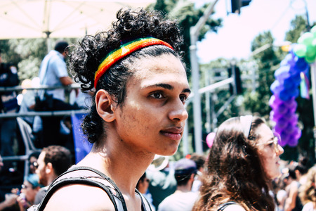 Tel Aviv Israel June 14, 2019 View of unknown Israeli people participating to the gay pride parade...