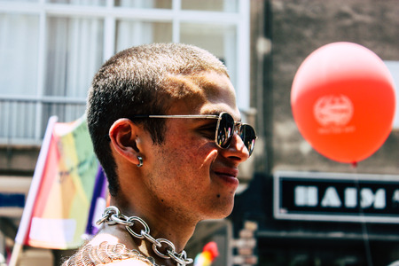 Tel Aviv Israel June 14, 2019 View of unknown Israeli people participating to the gay pride parade...