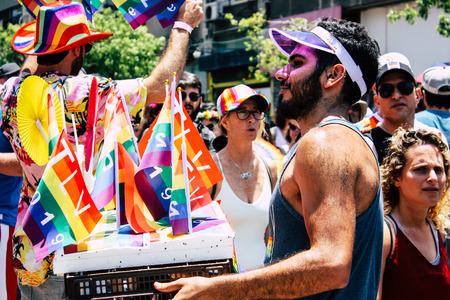 Tel Aviv Israel June 14, 2019 View of unknown Israeli people participating to the gay pride parade in the streets of Tel Aviv in the afternoonのeditorial素材