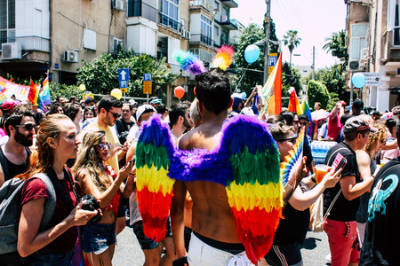 Tel Aviv Israel June 14, 2019 View of unknown Israeli people participating to the gay pride parade...