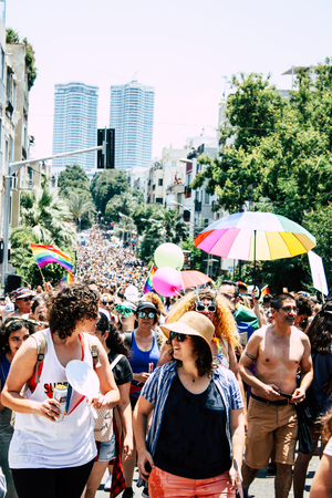 Tel Aviv Israel June 14, 2019 View of unknown Israeli people participating to the gay pride parade in the streets of Tel Aviv in the afternoonのeditorial素材