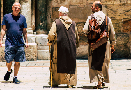 Jerusalem Israel June 24, 2019 View of unknown Catholic priest walking front the holy church in the...