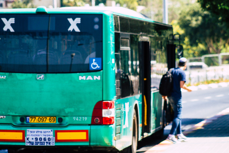 Jerusalem Israel June 24, 2019 View of traditional city bus rolling in the streets of Jerusalem in the afternoonのeditorial素材