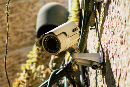 Jerusalem Israel June 24, 2019 Closeup of surveillance camera in the Old city of Jerusalem in the afternoonのeditorial素材