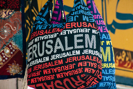 Jerusalem Israel June 24, 2019 Closeup of decorative objects sold in a souvenirs shop at the bazaar...
