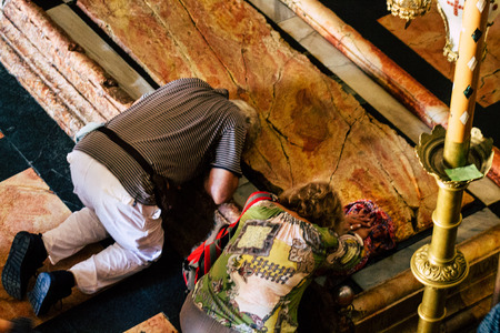 Jerusalem Israel June 24, 2019 View of unknown catholic people praying at the holy church in the Old city of Jerusalem in the afternoonのeditorial素材