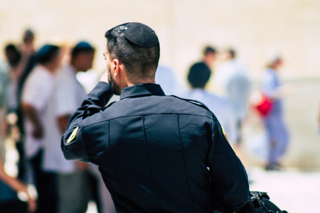Jerusalem Israel June 24, 2019 View of Israeli police walking front the Western wall at the Old city...