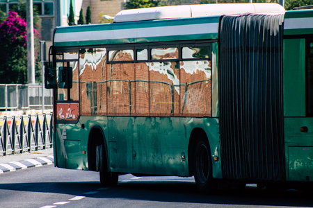 Jerusalem Israel June 24, 2019 View of traditional city bus rolling in the streets of Jerusalem in the afternoonのeditorial素材