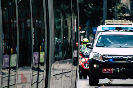 Jerusalem Israel July 2, 2019 View of a Israeli police car rolling in the streets of Jerusalem in the afternoonのeditorial素材