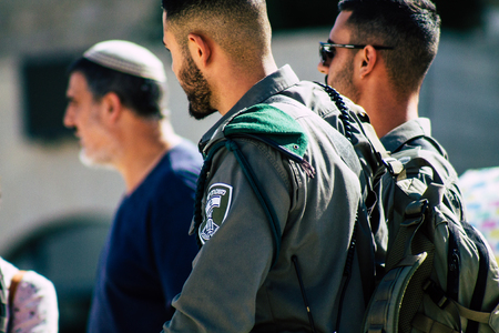 Jerusalem Israel July 2, 2019 View of Israeli police walking front the Western wall at the Old city...