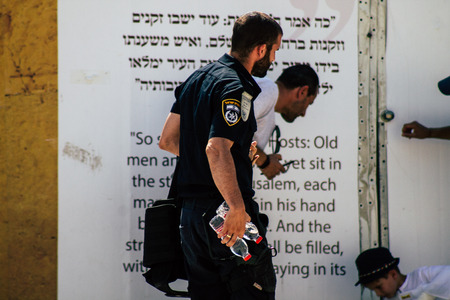 Jerusalem Israel July 2, 2019 View of Israeli police walking front the Western wall at the Old city...