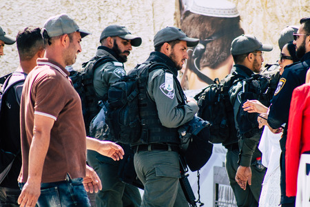 Jerusalem Israel July 2, 2019 View of Israeli police walking front the Western wall at the Old city...