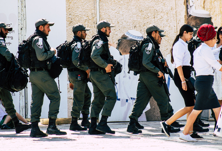 Jerusalem Israel July 2, 2019 View of Israeli police walking front the Western wall at the Old city...