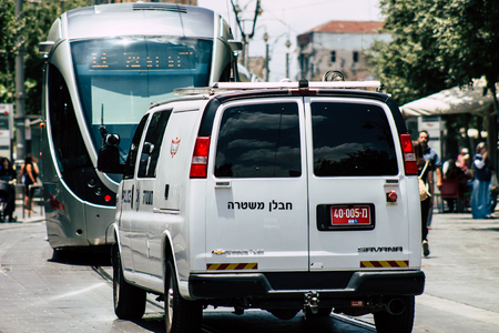 Jerusalem Israel July 2, 2019 View of a Israeli police car rolling in the streets of Jerusalem in the afternoonのeditorial素材