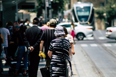 Jerusalem Israel July 2, 2019 View of unknown Israeli people at the tramway station in Jaffa street in the morningのeditorial素材