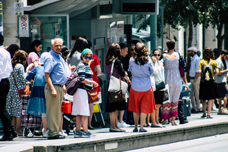 Jerusalem Israel July 2, 2019 View of unknown Israeli people at the tramway station in Jaffa street...