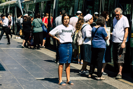 Jerusalem Israel July 2, 2019 View of unknown Israeli people at the tramway station in Jaffa street in the morningのeditorial素材