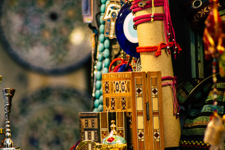 Jerusalem Israel July 3, 2019 Closeup of decorative objects sold in a souvenirs shop at the bazaar of the Old city of Jerusalem in the morningのeditorial素材